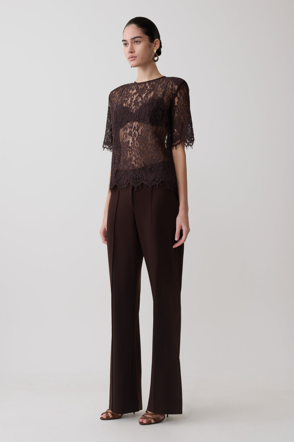 Harlyn Shoulder Pad Short Sleeve Lace Top - Dark Chocolate