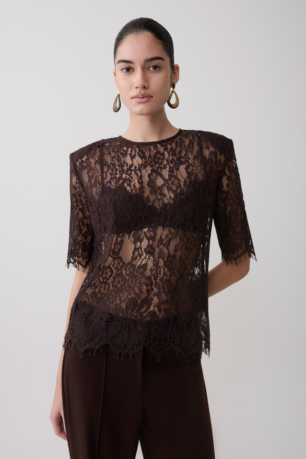Harlyn Shoulder Pad Short Sleeve Lace Top - Dark Chocolate