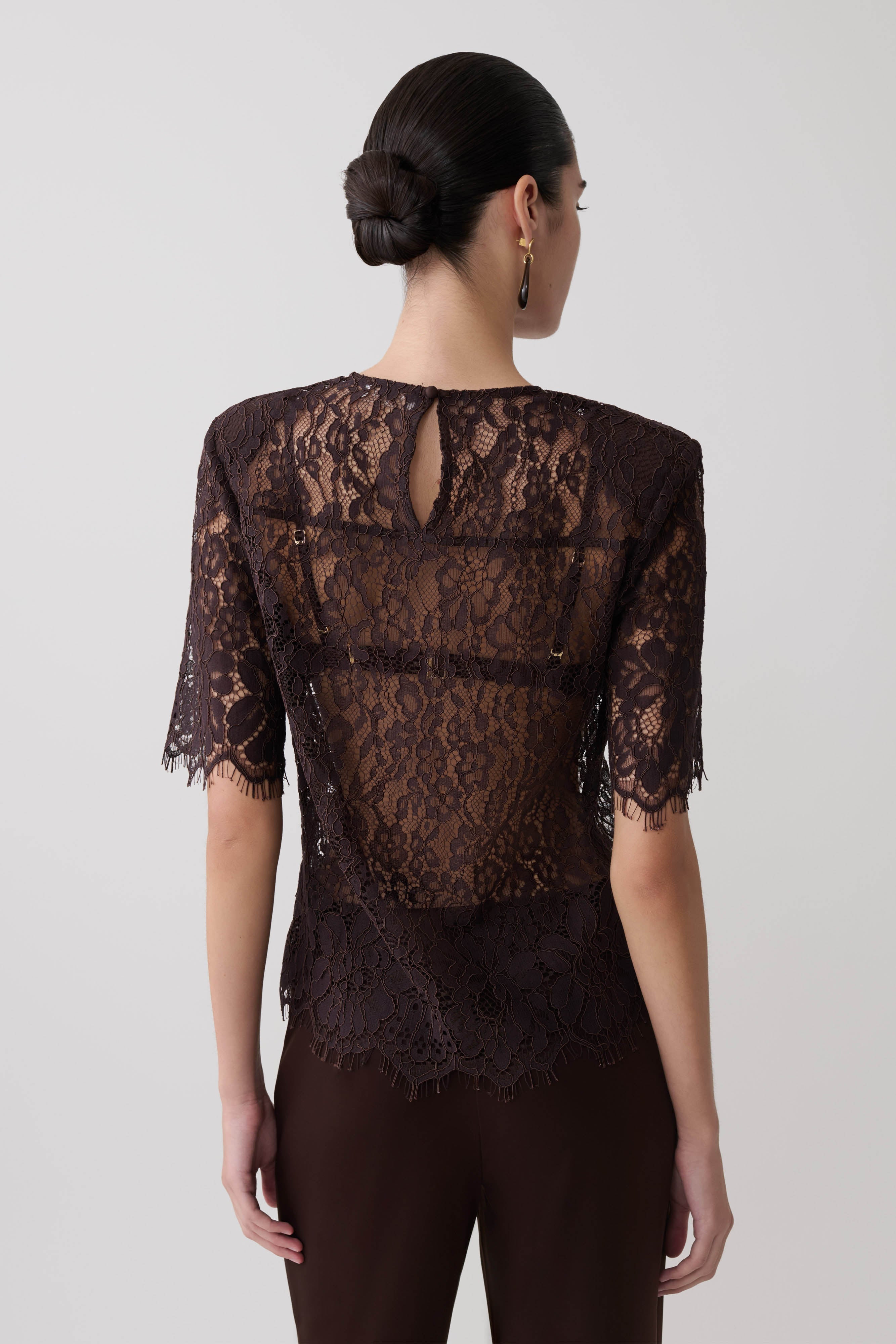 Harlyn Shoulder Pad Short Sleeve Lace Top - Dark Chocolate