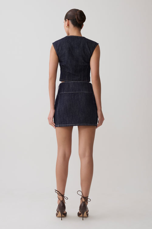 Loraine Mid Rise Denim Mini Skirt - Indigo Pinstripe