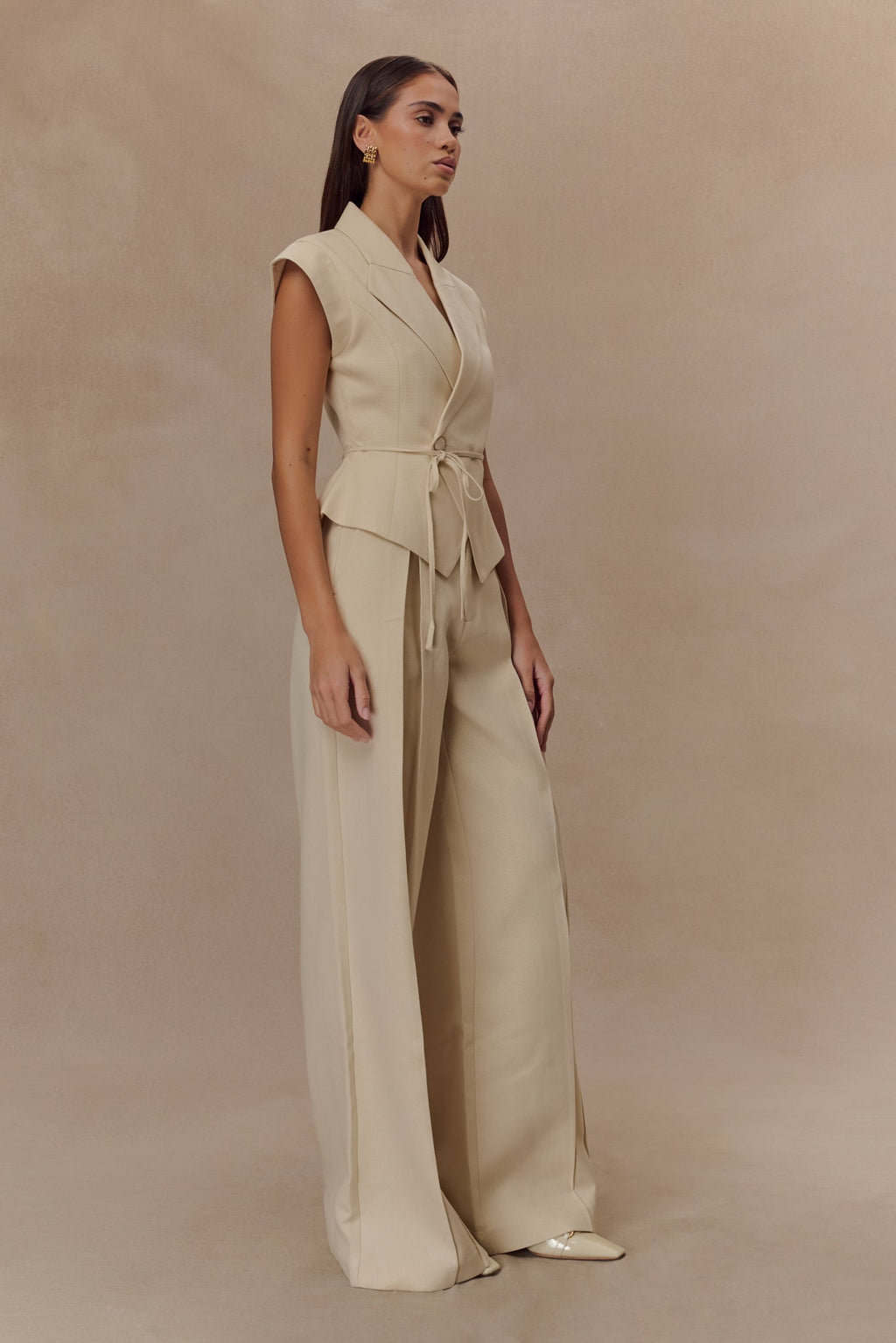 Raya Mid Rise Wide Leg Linen Pant - Natural Beige
