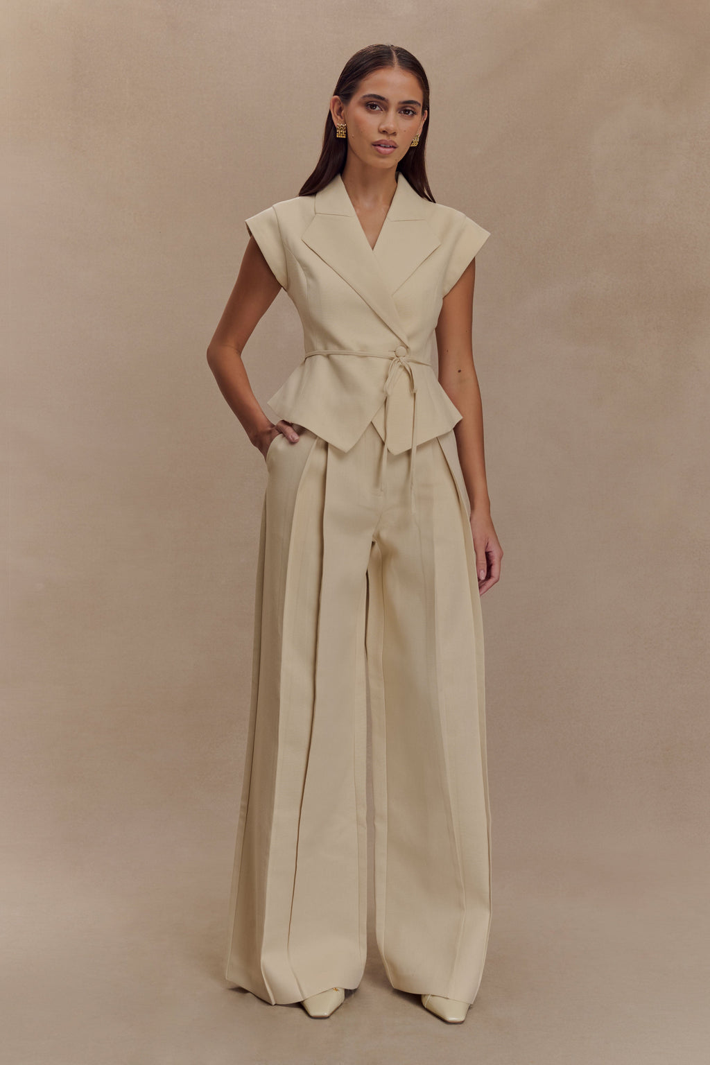 Raya Mid Rise Wide Leg Linen Pant - Natural Beige