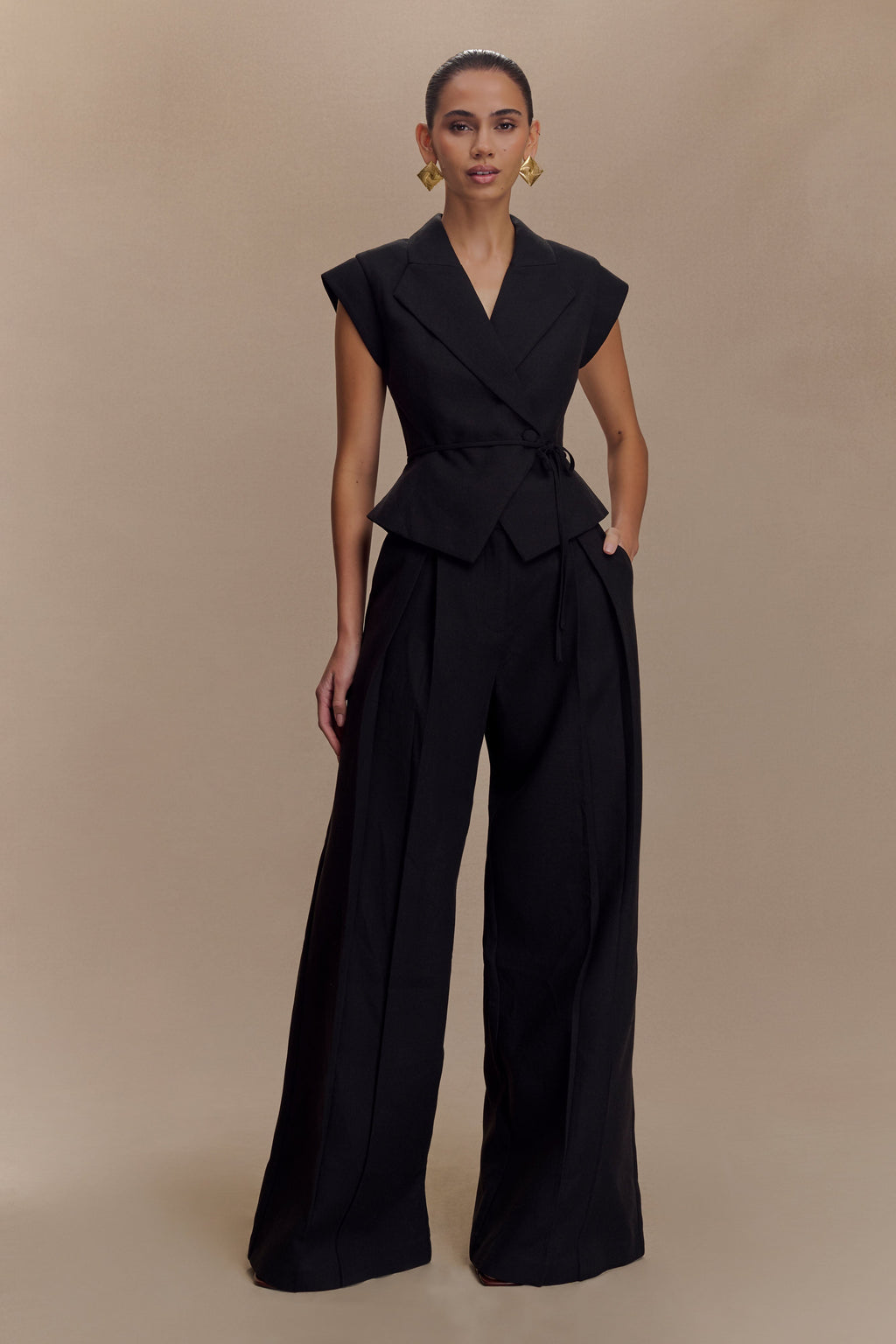 Raya Mid Rise Wide Leg Linen Pant - Black