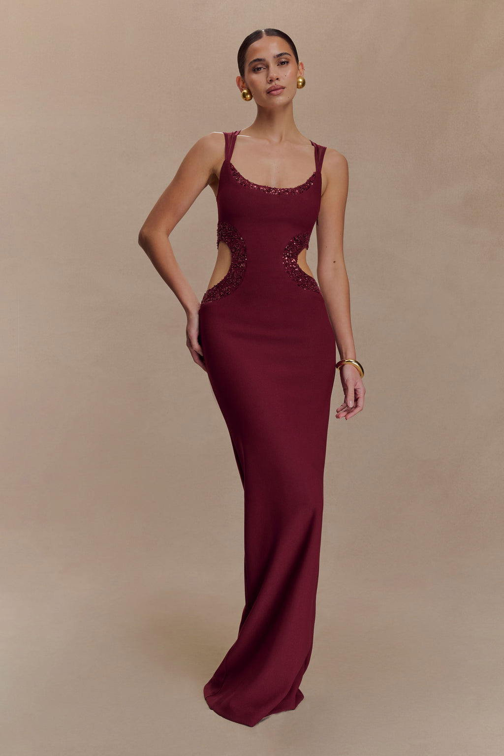 Angelique Beaded Crepe Maxi Dress - Wine