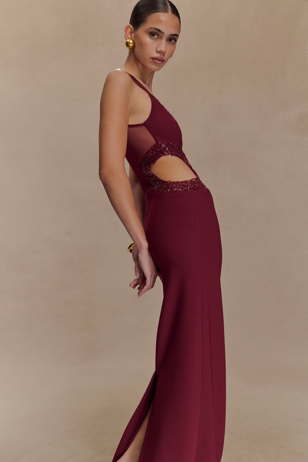 Angelique Beaded Crepe Maxi Dress - Wine