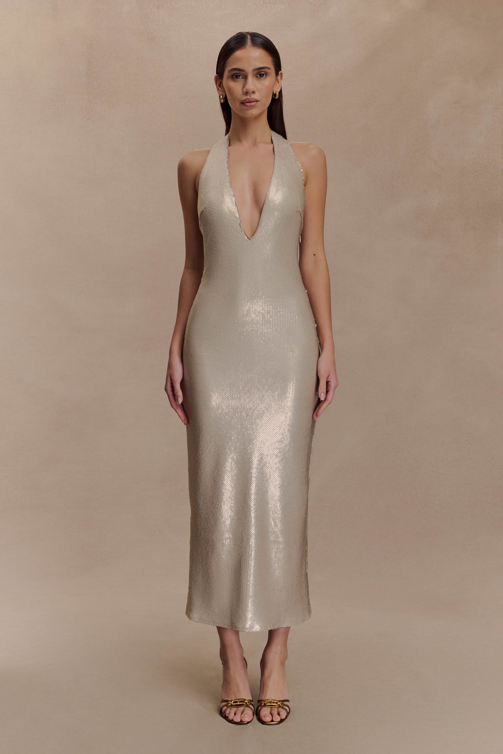 Carnation Sequin Halter Midi Dress - Gold