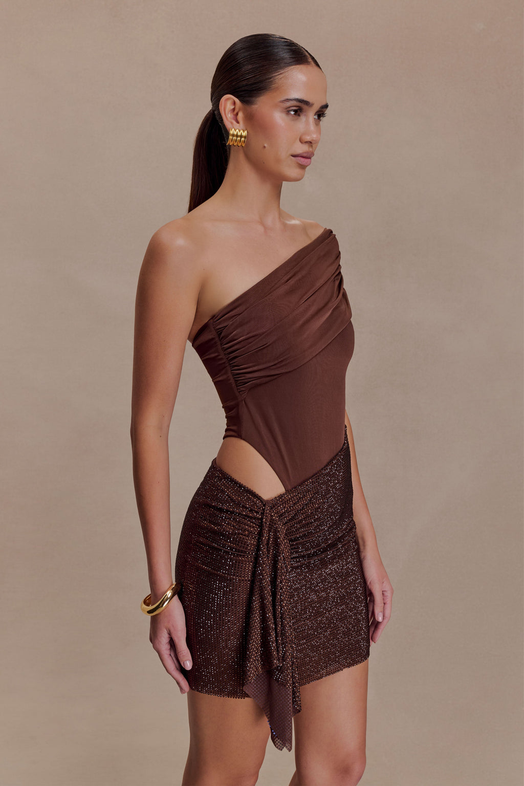 Paisley Slinky And Diamante Mini Dress - Chocolate