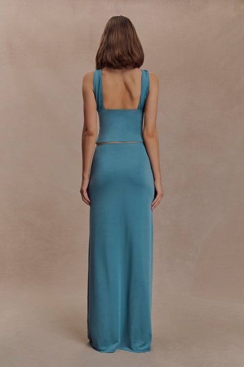 Erina Slinky Ruched Maxi Skirt With Hardware - Teal
