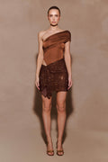 Paisley Slinky And Diamante Mini Dress - Chocolate