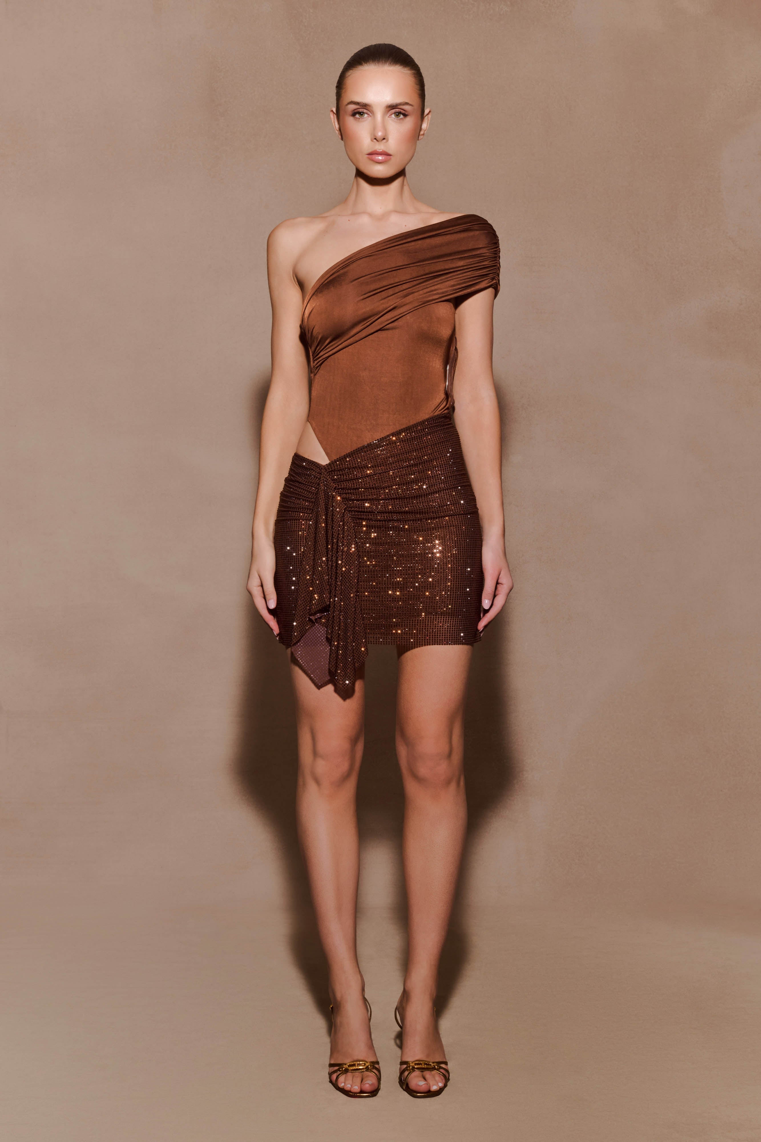 Paisley Slinky And Diamante Mini Dress - Chocolate