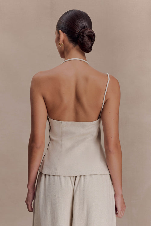 Gabby Asymmetrical Neckline Linen Beaded Top - Natural