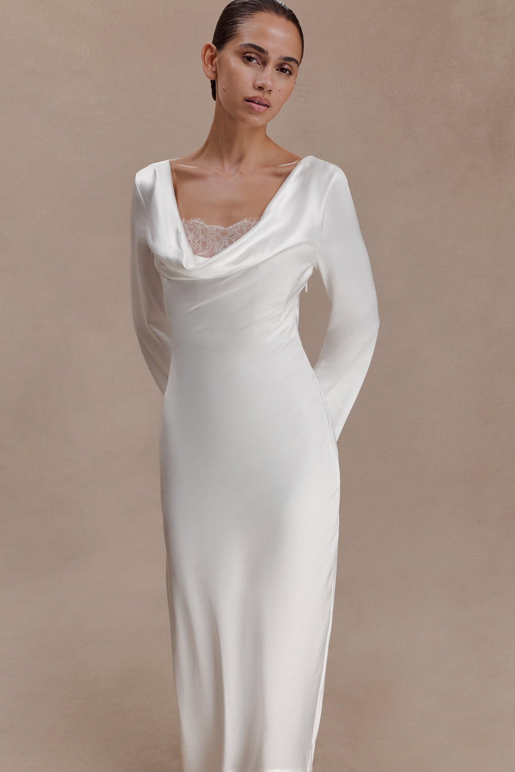 Eliza Long Sleeve Cowl Lace And Satin Maxi Dress - Ivory