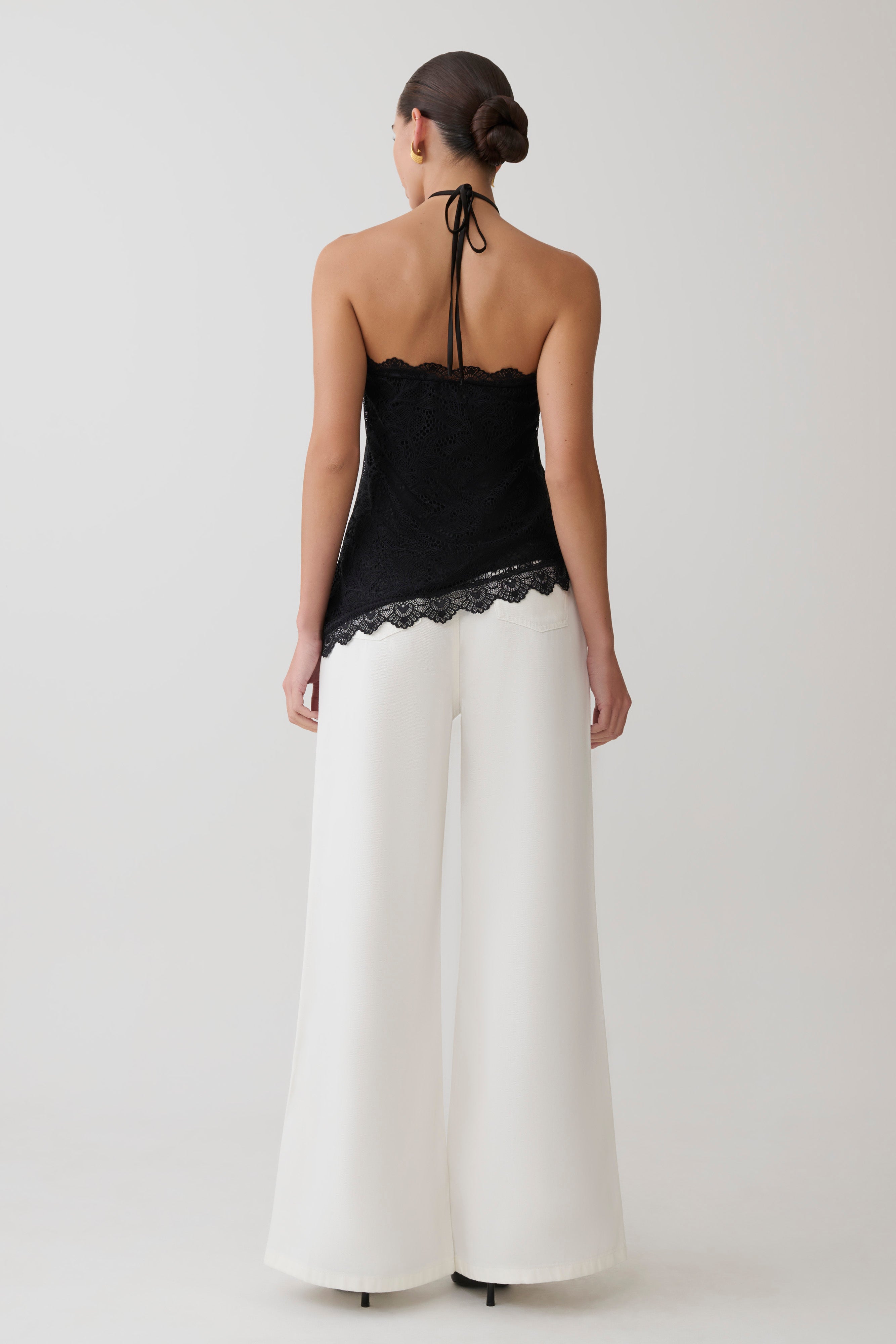 Theodosia Asymmetric Lace Halter Top - Black