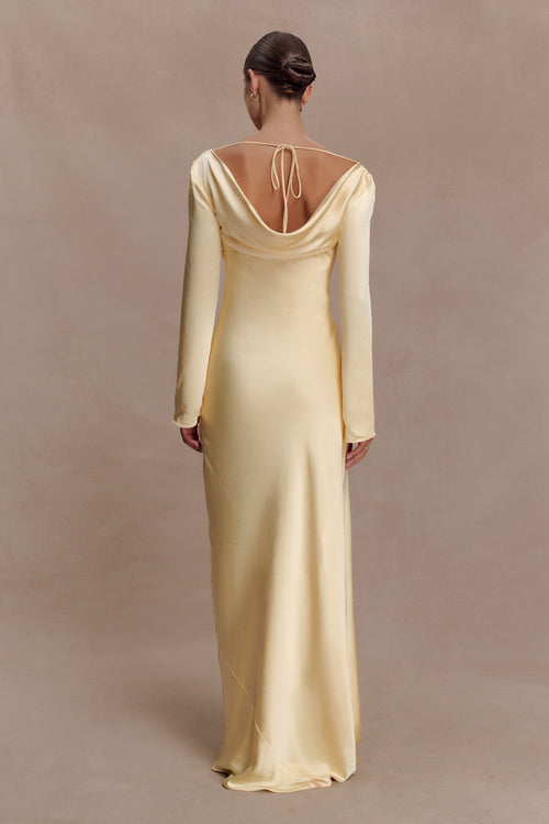 Eliza Long Sleeve Cowl Lace And Satin Maxi Dress - Lemon