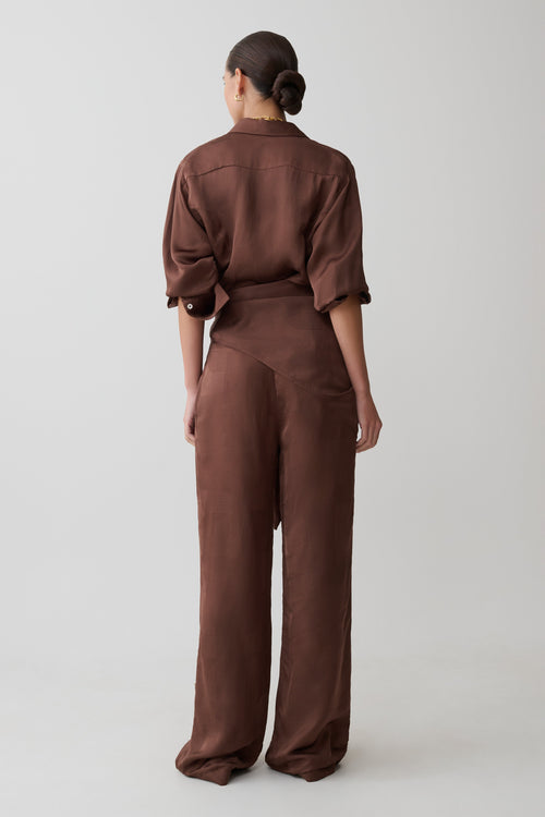 Gia Wrapped Tie Satin Pants - Chocolate