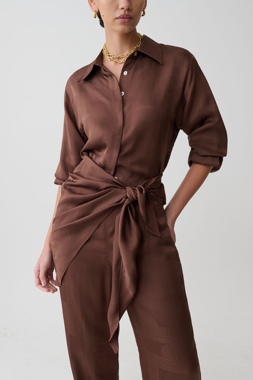 Gia Long Sleeve Satin Shirt - Chocolate