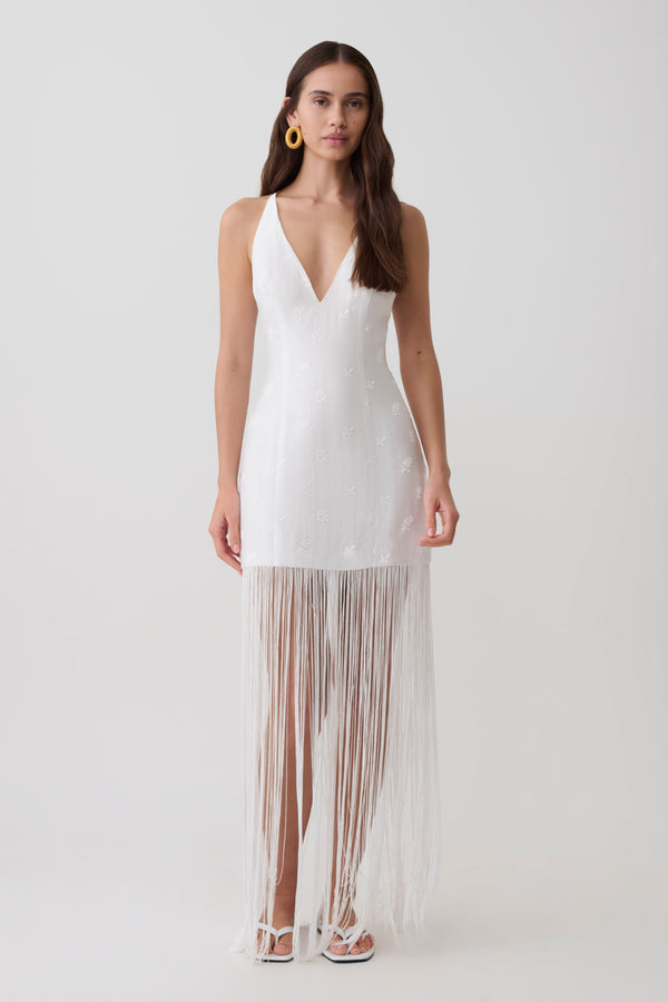 Abigail V Neck Fringe Maxi Dress - White